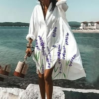 Ženska haljina za plažu s cvjetnim printom na kopčanje s dugim rukavima s džepovima