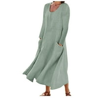 Ženska udobna duga haljina od pamuka i lana s džepovima, proljetna haljina s okruglim vratom s dugim rukavima, ležerna haljina za