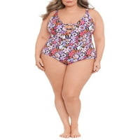 Ženski kupaći kostim veličine plus veličine s izrezom u obliku slova u i naramenicama na prednjoj strani