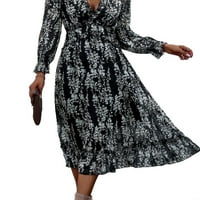 Ženska haljina A kroja s cvjetnim volanima na dnu i izrezom u obliku slova U u crnoj boji u obliku slova u