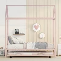 Dječji krevet za djecu s ladicom, metalni okvir kreveta s krovom, ružičasta
