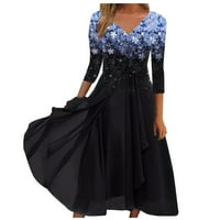 Haljine za žene, ležerna večernja haljina srednje duljine s izrezom i printom, ljetna haljina s dugim rukavima, Plava