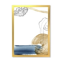 Dizajnerska umjetnost Zlatna morska školjka, klasična plava apstrakcija, uokvireni umjetnički otisak seoske kuće