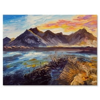 DesignArt 'dojam ružičasti zalazak sunca nad planinama uz more' nautički i obalno platno zidni umjetnički tisak