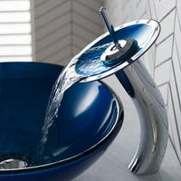 Kombinirani Set za umivaonik i slavinu za vodopad od plavog stakla s odgovarajućim diskom i uvlačivim odvodom, kromirana završna