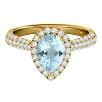 1 karatni dijamantni prstenovi za žene s akvamarinom u obliku kruške s 4 zuba u žutom zlatu od 10 karata