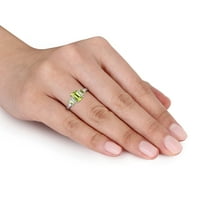 Ženski prsten od 10k smaragda od smaragda, baguette cut Peridot i dijamanti od bijelog zlata od 3 kamena