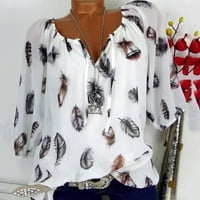 Ženska ljetna labava majica za odmor s izrezom u obliku slova U I printom do lakta, vrhovi u bijeloj boji