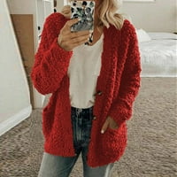 Ženski džemper od flisa, kardigan s otvorenim prednjim dijelom, kaput s gumbima Plus veličine, Zimska topla gornja odjeća s džepovima