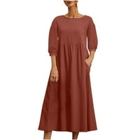 Ženska duga haljina od pamuka i lana, široka haljina kratkih rukava s dvostrukim džepovima, ljetna haljina s okruglim vratom, ležerna