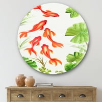 DesignArt 'Drevne zlatne ribice među nautičkim i obalnim krugovima lišća lotosa, metalni zid - disk od 36
