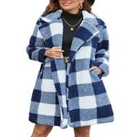 Ženski trenč kaputi od flisa, karirani kaput, topla jakna, kaputi s ovratnikom, plava boja