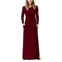 Jesenska Haljina ženska casual Plus size dugih rukava, široka, jednobojna, s džepovima, duga Maksi haljina u vinskoj boji