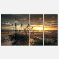 Dizajnerski crtež travnati i plažni zalazak sunca , fotografija mora i obale na omotanom platnu