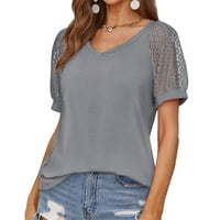 Modni ženski ljetni jednobojni vrhovi kratkih rukava s izrezom u obliku slova u, Ležerne čipkaste košulje, bluza u sivoj boji, u