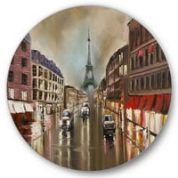 Dizajnerska umjetnost Tiha kišna ulica u sivom Parizu s Eiffelovim tornjem Tradicionalni kružni metalni zidni umjetnički disk od