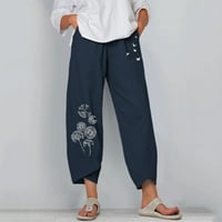 Ženske hlače Modne i široke pamučne hlače širokih nogavica s printom, lanene ženske hlače s elastičnim elastičnim strukom