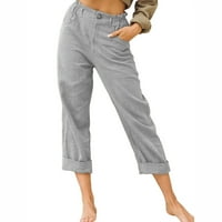 Ženske lanene hlače za slobodno vrijeme, ljetne hlače visokog struka na kopčanje, ravne sužene široke Ležerne obične hlače s džepovima