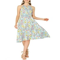 Ženska haljina A kroja s cvjetnim uzorkom s naramenicama bez rukava i visokim strukom