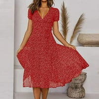 Modna ženska ljetna labava haljina s omotom u obliku slova u, Kratki rukav s cvjetnim printom, duge haljine u crvenoj boji u obliku