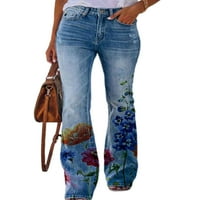 Ženske hlače s cvjetnim printom u srednjem struku, elastične duge rastezljive hlače, Ženske školske hlače s ravnim nogavicama