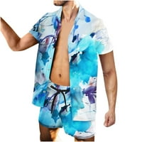 Muški Vintage set bluze i hlača s reverom i printom šuma, kardigan s reverom i gumbima, košulja za plažu s ovratnikom i kratkim rukavima