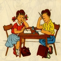 Djevojčica drži olovku, a dječak olovku i čita plakat s tiskanom knjigom
