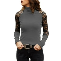 Ženska jednobojna bluza s dugim rukavima s visokim vratom, vezena čipkom