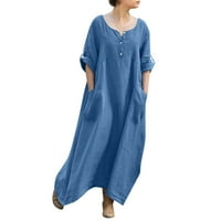 Ženska ležerna haljina od pamuka i lana, široka haljina od sedmog rukava, Plava od pamuka i lana