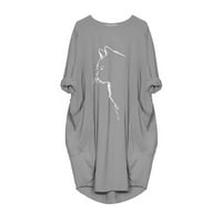 Ženska haljina-kratkih rukava s okruglim vratom, jednostavna široka Midi haljina A kroja, siva s printom 6