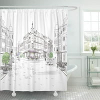 Serija fotografija kafića s pogledom na ulicu u Starom gradu u arhitektonskom stilu povijesne Amerike, zavjesa za tuširanje u kupaonici