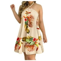 Haljine za žene s printom na naramenicama A kroja do koljena ležerna ljetna haljina bez rukava u bež boji